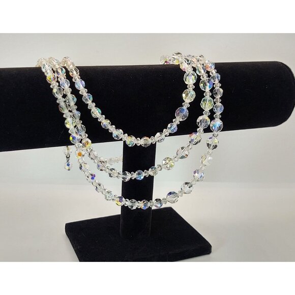 Crystal Aurora Borealis Beaded Triple Strand Necklace W/ Hook Closure, Vintage - Picture 3 of 7